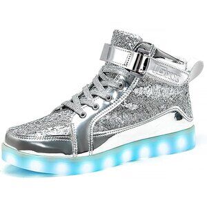 ⚡Unisex Glitter Silver USB Recharging High Top LED Light Up Casual Sneakers